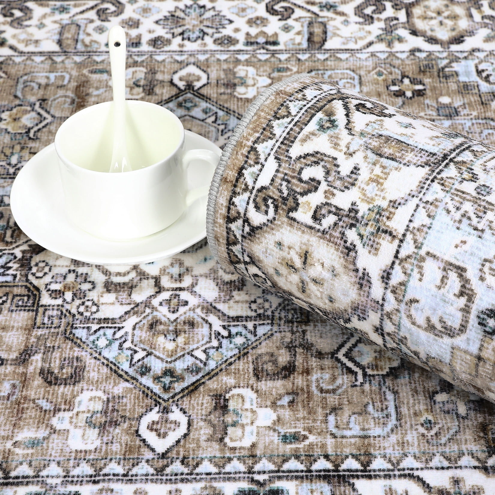 HOMERRY Area Rug for Living Room 8' x 10' Non-Shedding khaki Vintage Floral Indoor Carpet