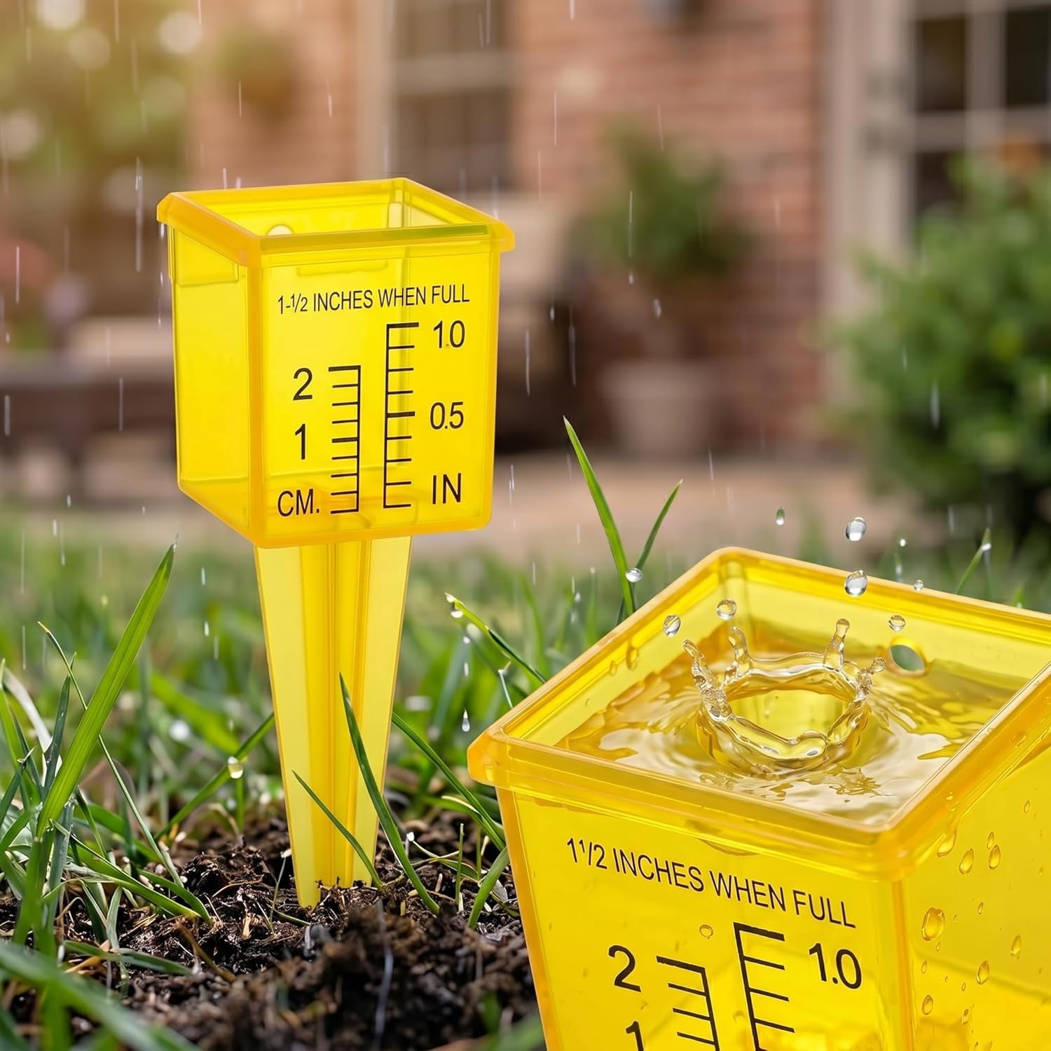 LSKJGA-4 Pack Rain Gauge Outdoor, 1.5" Plastic Water Gauge for Rain with Wide Mouth & Ground Stake, Sprinkler Measuring Cup Tool for Yard Lawn Garden Irrigation, High Visibility Yellow Weather Instru