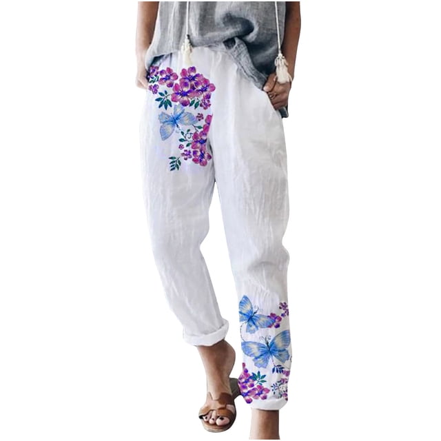 Pantalons d'Été à Imprimé Floral Décontractés Boho pour Femmes, Mode Confortable Taille Élastique Fuselée avec Poches