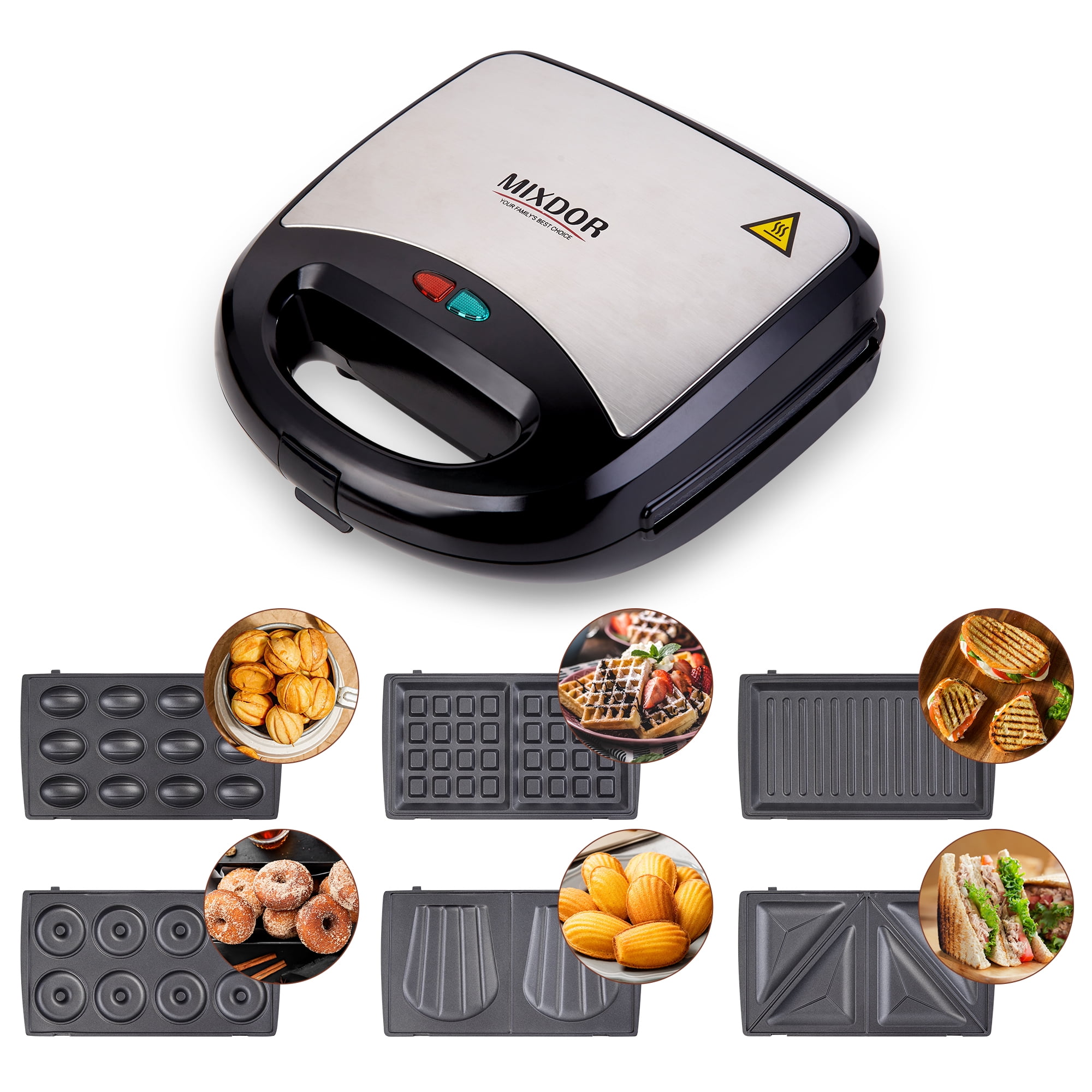 Uarter 6-in-1 Waffle Maker Electric Sandwich Maker with Removable Non-Stick Plates, Perfect for Crafting Sandwiches, Paninis, Nuts, Waffles, and Madeleines, Ideal for Cooking Grilled Cheese, Burgers
