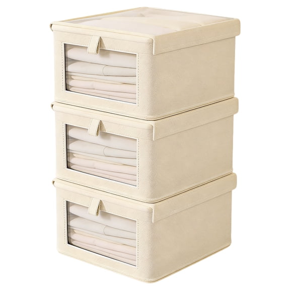 3 Pcs Clothes Storage Boxes with Clear Window, 14.2 x 9.8 x 7.9 in Foldable Wardrobe Storage Organiser, Cotton Linen Closet Organizers Bins with Lids, Beige