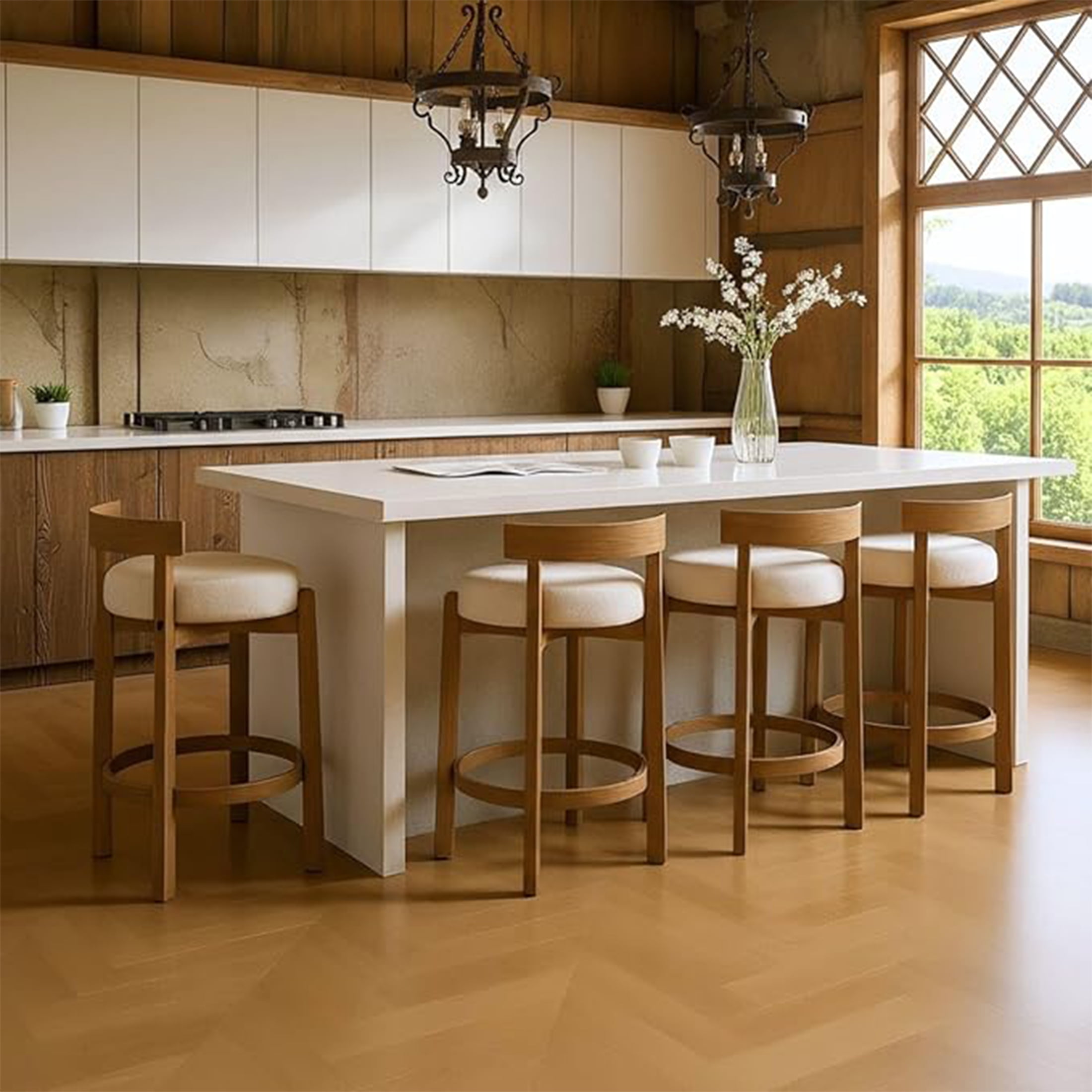 Guyou Counter Height Stools Set of 2, Mid Century Modern Armless Island Bar Stools with Curved Back and Wooden Frame, Round Kitchen Stools with Footrest for Restaurant Bar Kitchen Island, Beige