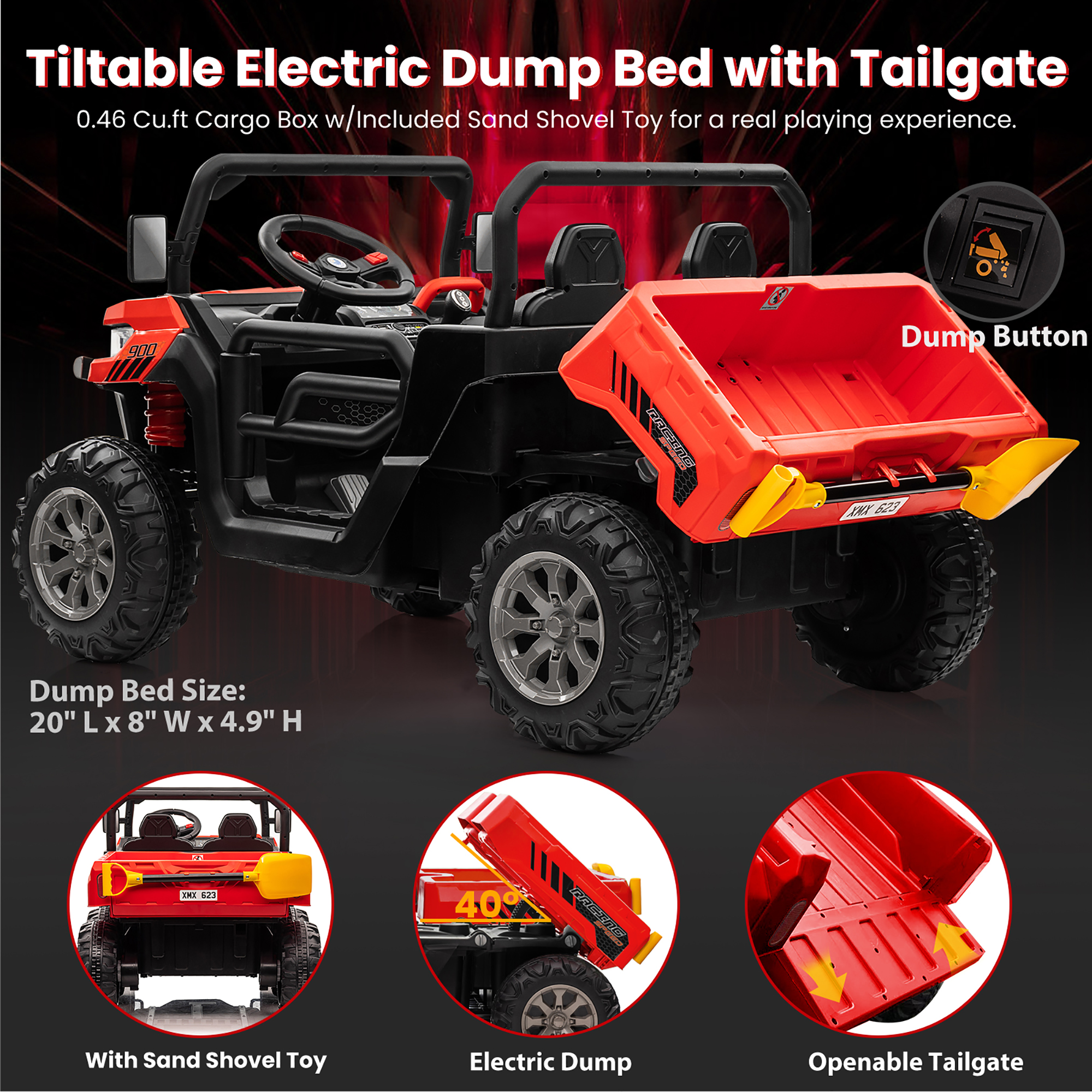 Joyracer 24V Ride on UTV with Remote Control, 2 Seater Ride on Dump Truck Car w/ 2x200W Motor, Electric Battery Powered Ride on Toys with Trailer & Shovel, Horn, MP3, Bluetooth Music for Big Kids, Red - image 4 of 15