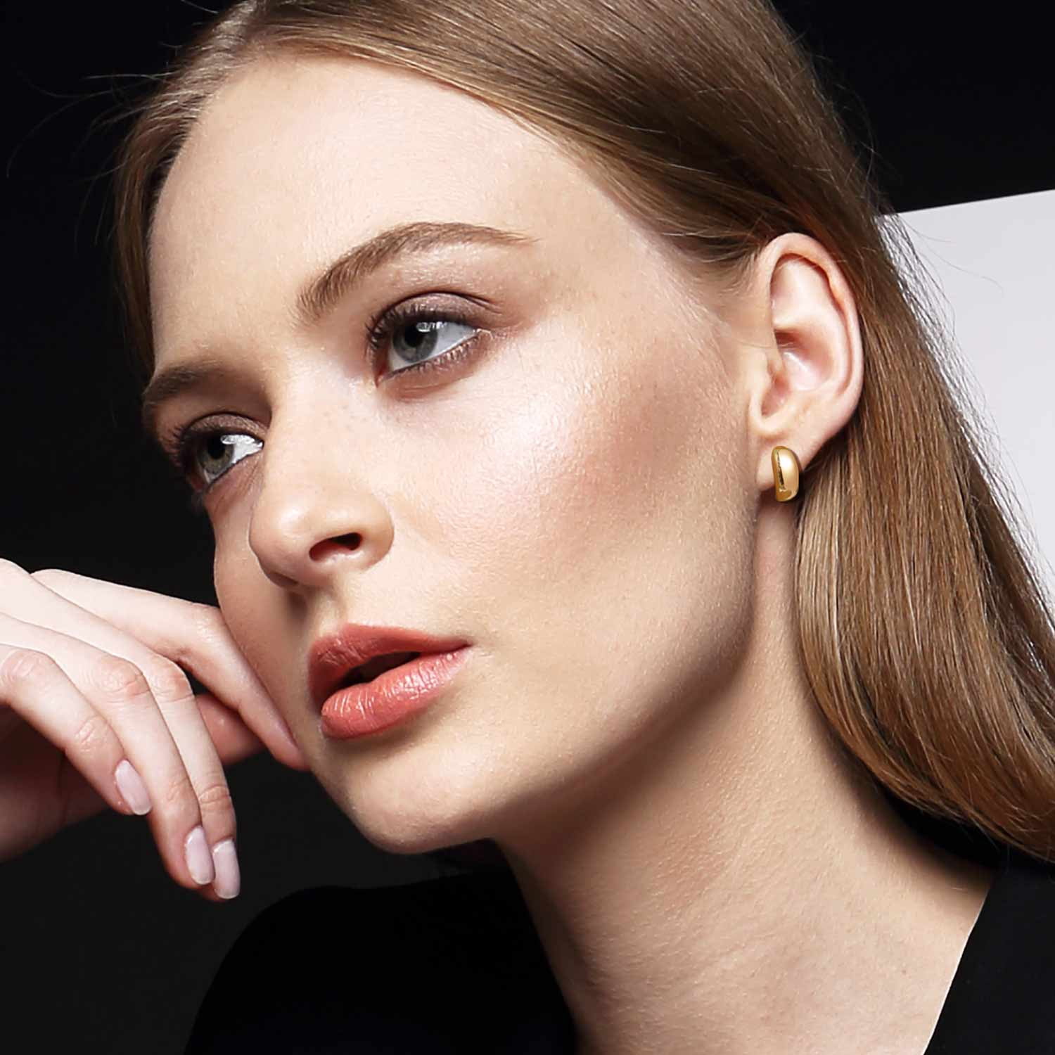 14K Gold Hoop Stud Earrings for Women Thick Gold Stud Earings 13.5mm Glossy Half Hoops 14K Gold Plated Stud Earrings for Women
