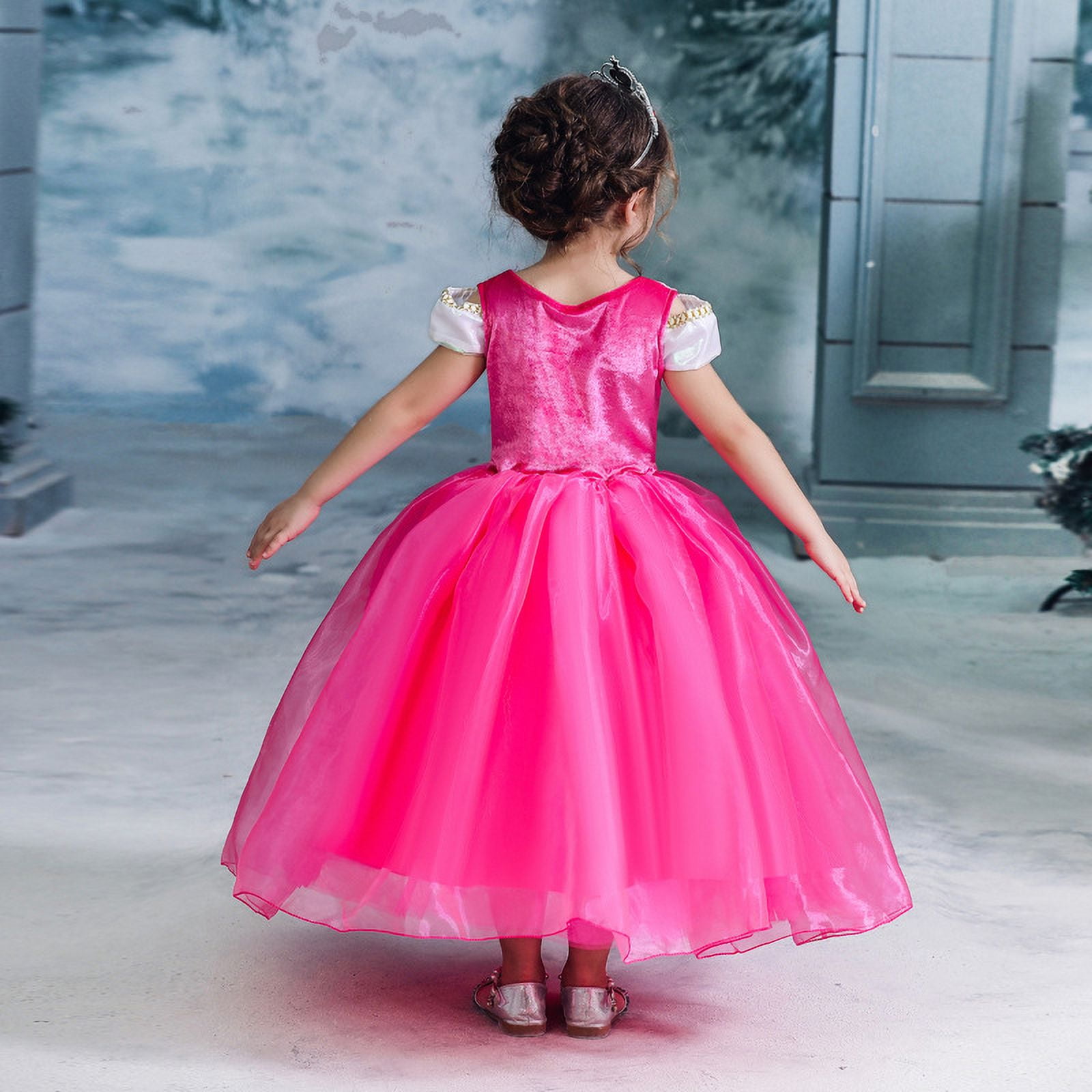 Vestido De Princesa Aurora – Disfraz De Bella Durmiente Rosa Con 6 Accesorios: Corona, Varita, Collar, Guantes, Anillo Y Pendientes, Tallas 3-10 Años