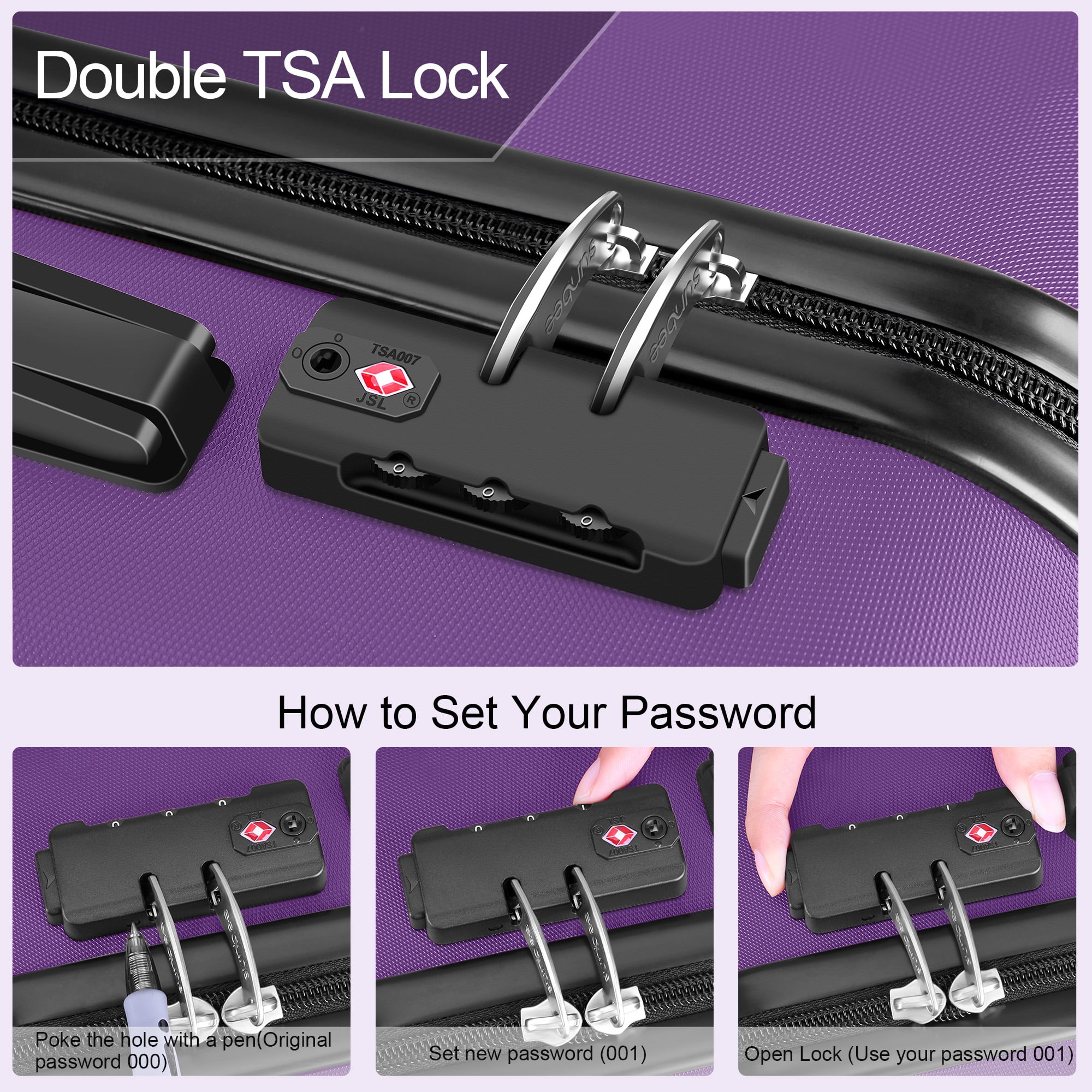 Sunbee 3 Piece CarryOn Luggage Sets, ABS Hardshell Suitcase with TSA Lock, Spinner Wheels, Purple  (图5)