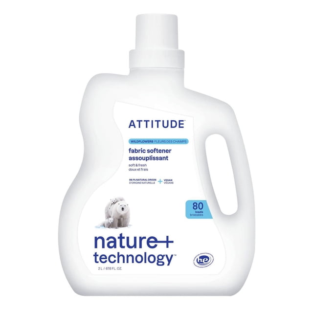 Bottle of ATTITUDE nature+ technology fabric softener in wildflowers scent for 80 loads, vegan and made with natural origin ingredients.