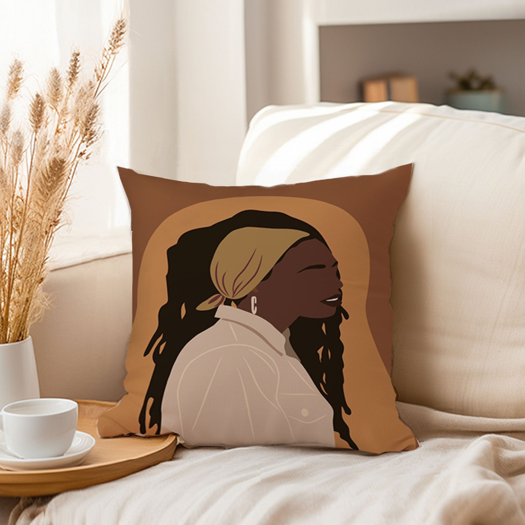 Ethan Taylor People and Portraits Throw Pillow Soft Cushion Cover 'African American Woman Portrait Portraits Female' Bohemian Pattern Decorative Square Accent Pillow Case, 16x16 Inches, Brown, Orange - image 3 of 5