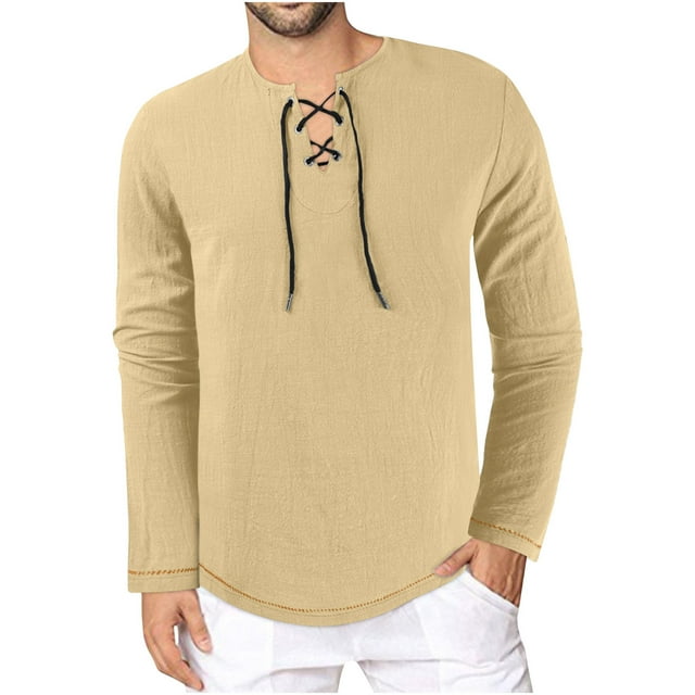 AherBiu Men's Long Sleeve Shirts Drawstring Crew Neck Lightweight Pullover Fall Fashion Beach Vacation Tees Tops