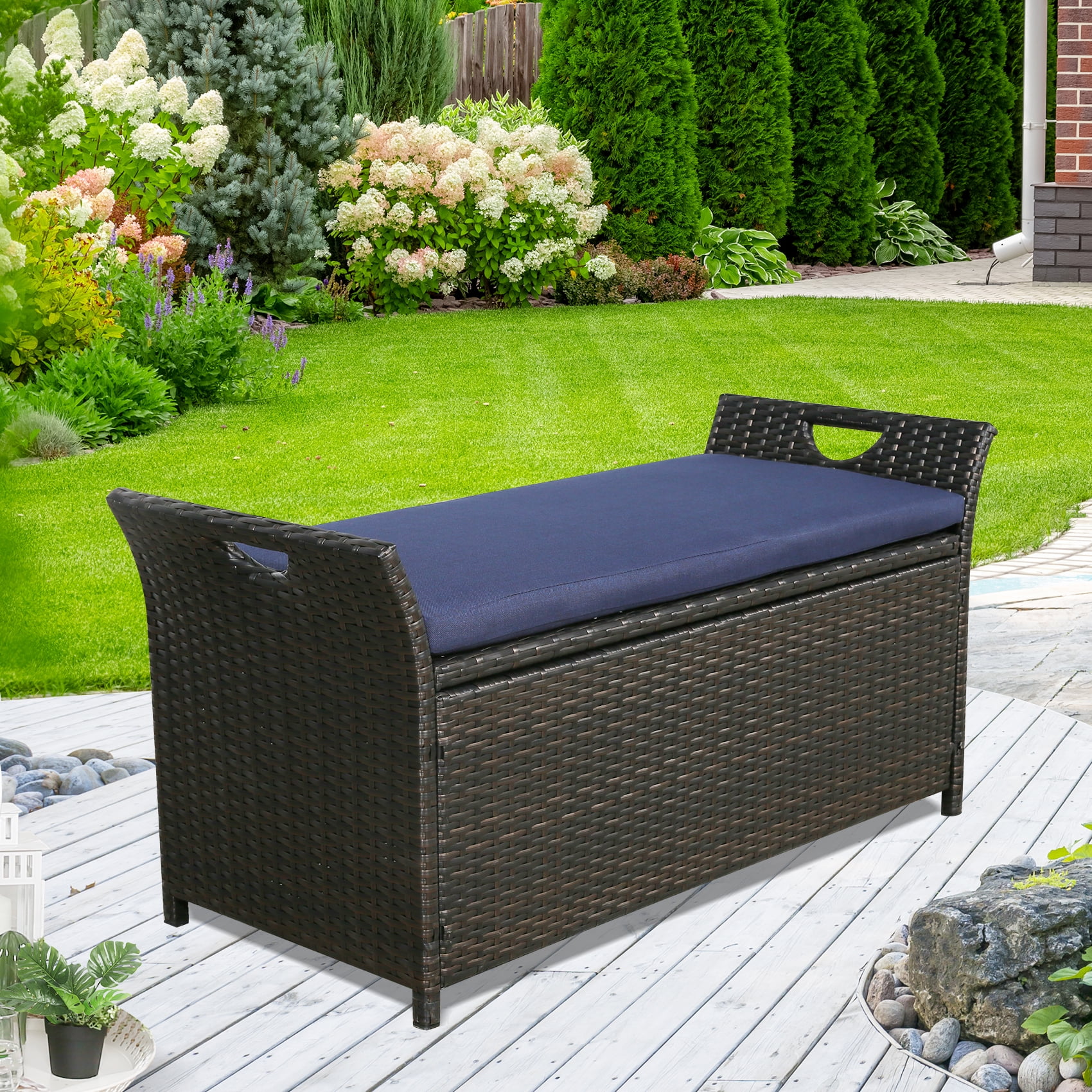Ulax Furniture 27 6 Gallon Patio Wicker Storage Box Outdoor Rattan Bench Deck Bin With Cushion And Hydraulic Hinge Lid Navy Com Outdoor Rattan Storage Bench Deck Bin, Outdoor Wicker Storage Bench With Cushion