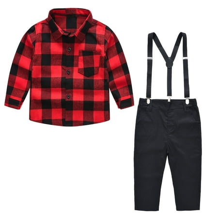 

Baby Boys Outfits Clothes Sets Toddler Kids Fashion Gentleman British Style Lattice Pattern Print Long Sleeve Shirt Suspenders Pants Casual Shirt Overalls Suit Tuxedo Suit Wedding Birthday Party