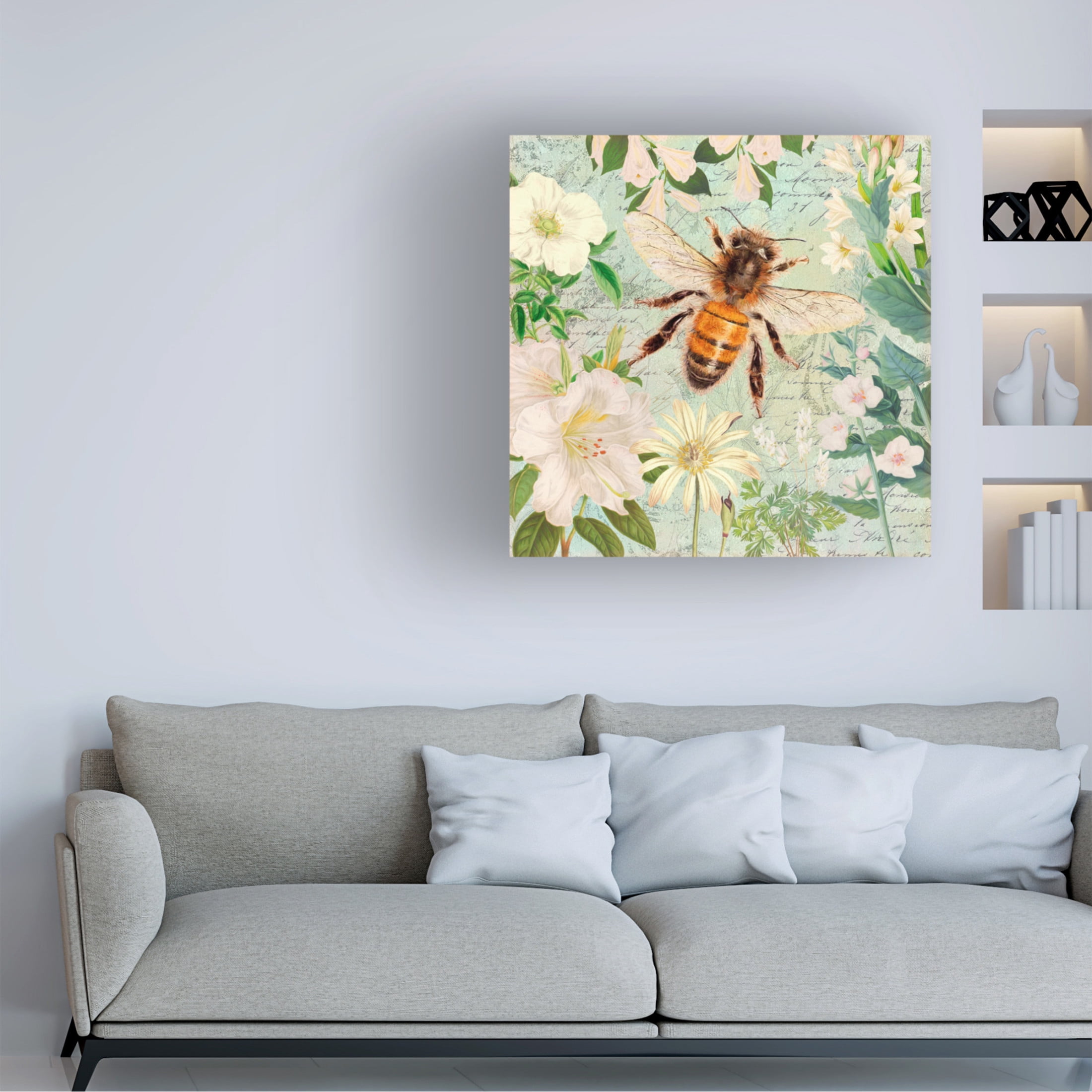 Canvas Wall Art - Cora Niele 'Bee White Flowers' Wall Art for Living Room, Bedroom, or Office Décor by Trademark Fine Art - 14 x 14 Inches