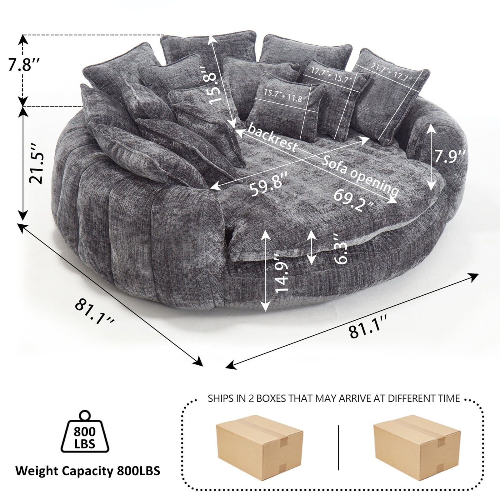litvz 81.1in extra wide round boneless sofa oversized round chaise lounge comfy with 14 pillows for living room
