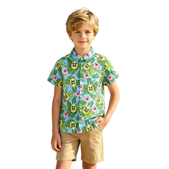 FINALGANG Boys Hawaiian Shirts Stylish Kids Button Down Shirt Graphic Print Summer Short Sleeve Shirts Lightweight Casual Shirt Tops School Daily Wear 11-12 Years