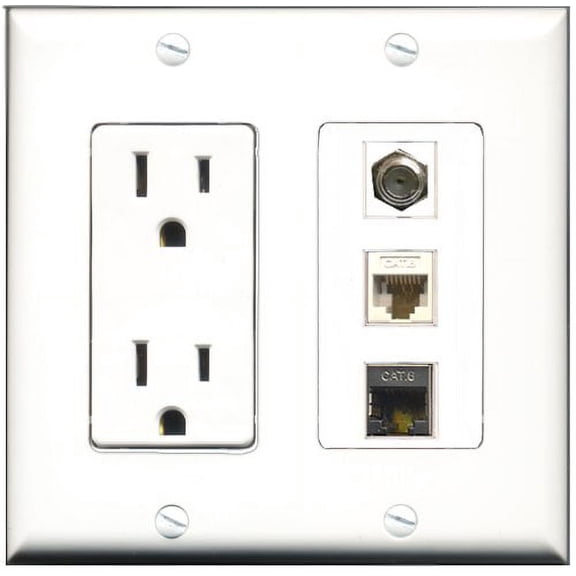 RiteAV - 15 Amp Power Outlet 1 Port Coax 1 Port Shielded Cat6 Ethernet Ethernet 1 Port Cat6 Ethernet Ethernet White Decorative Wall Plate