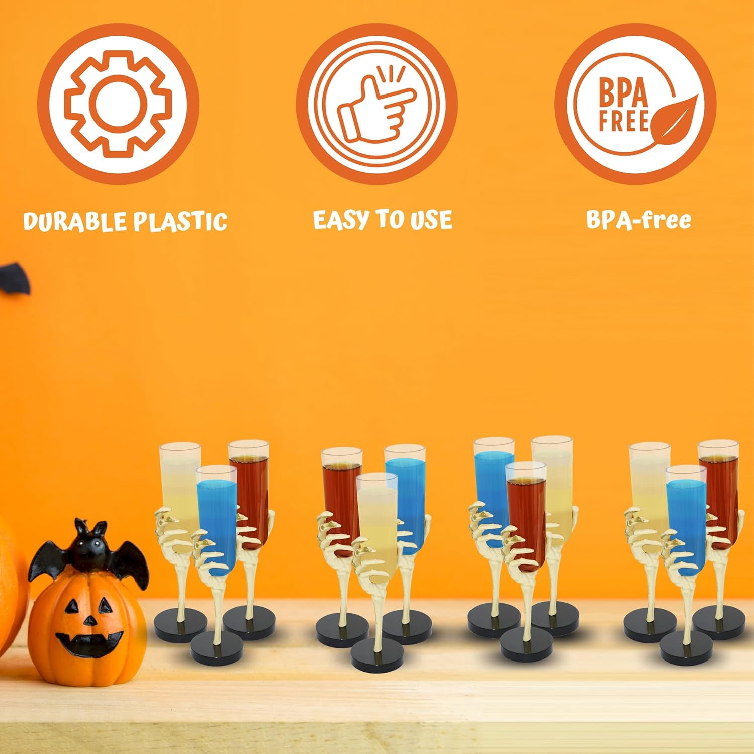 4E's Novelty Skeleton Hand Flutes 12 Pack - Clear Plastic Halloween Champagne Cocktail Goblets (2.7oz) - Halloween Wine Glasses for Spooky Parties