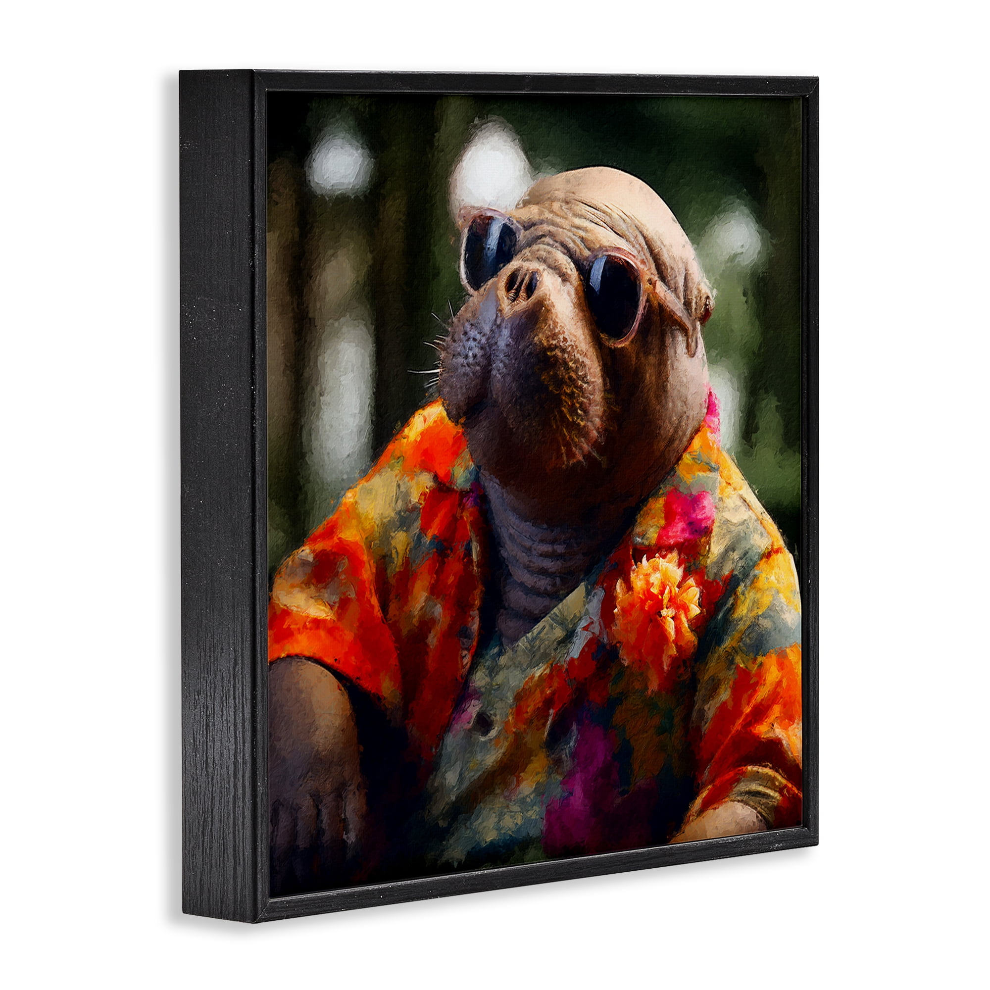 Stupell Industries Manatee with Aloha Shirt Animals & Insects Painting Black Framed Art Print Wall Art, 12 x 12