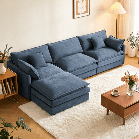 FurnitureR 102 Modular Sectional Sofa Modern L-Shaped Chenille Cloud Couch with Movable Ottoman and Reversible Chaise 3-Seater Comfy Deep Seat Sofa Set for Living Room and Apartment Blue