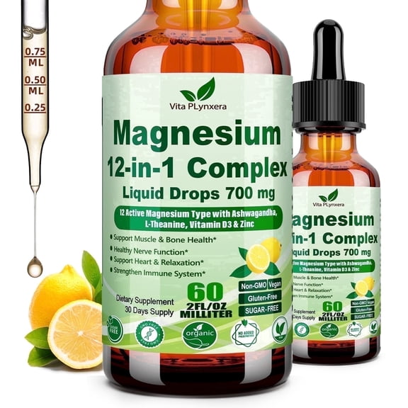 Vitaplynxera 12-in-1 Magnesium Complex Liquid Drops with Ashwagandha & Theanine – Stress Relief, Sleep Support & Immune Health for Men and Women