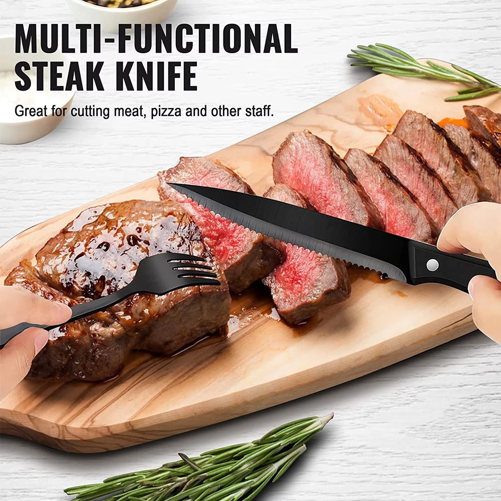Steak Knives Set of 6,Sharp Serrated Dinner Knife Kitchen Cutting Knife for Meat Cheese Stainless Steel Black Knife Cutlery Set Dishwasher Safe