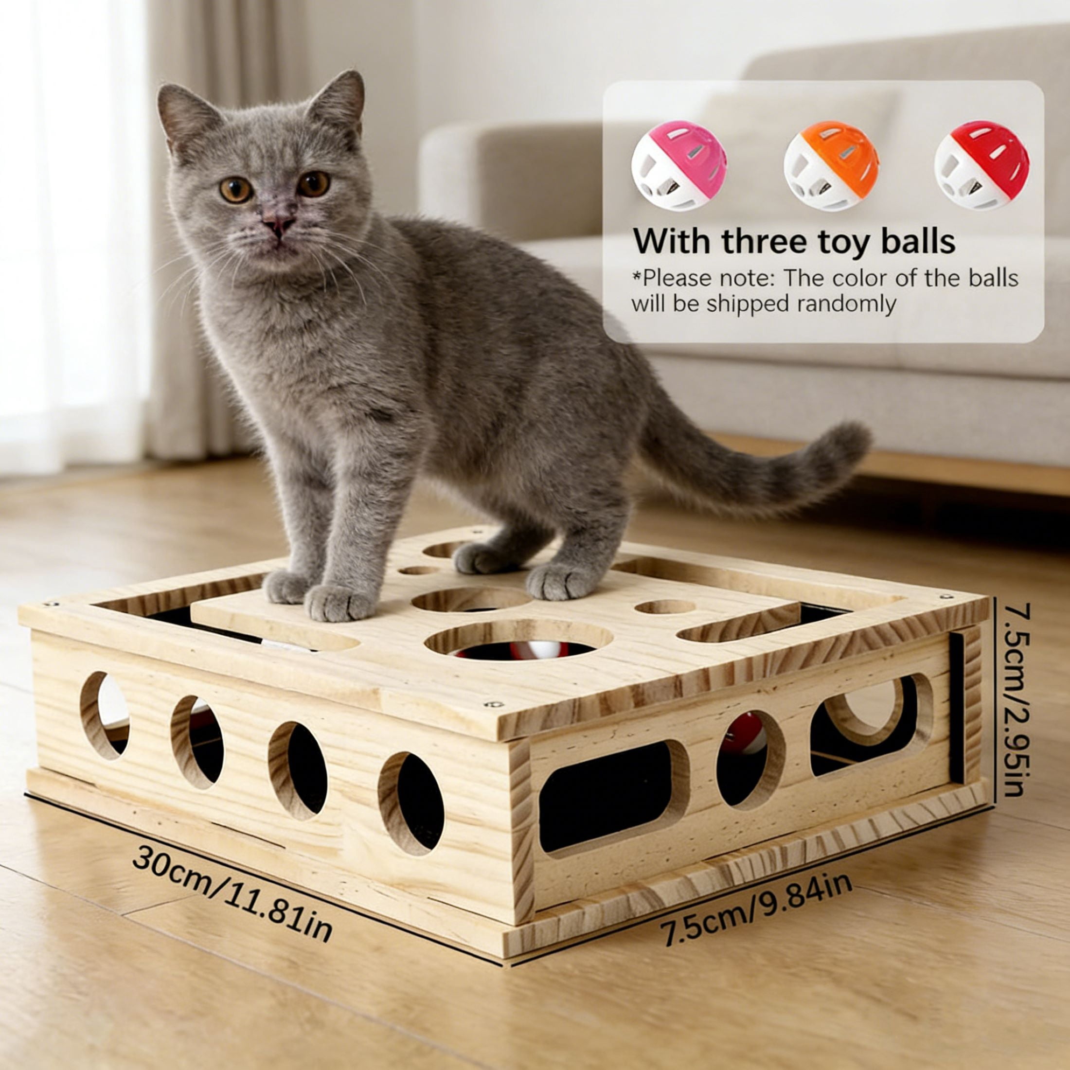 Interactive cat nail file scratch puzzle rich box, with nail file pad, 1 wand toy, and 3 game balls (random colors)
