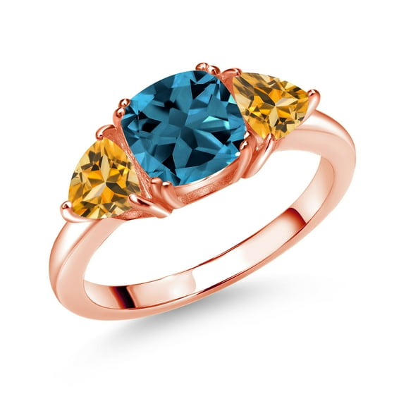 Gem Stone King 18K Rose Gold Plated Silver London Blue Topaz and Yellow Citrine 3 Stone Engagement Ring for Women (2.67 Cttw, Gemstone November Birthstone, Size 8)