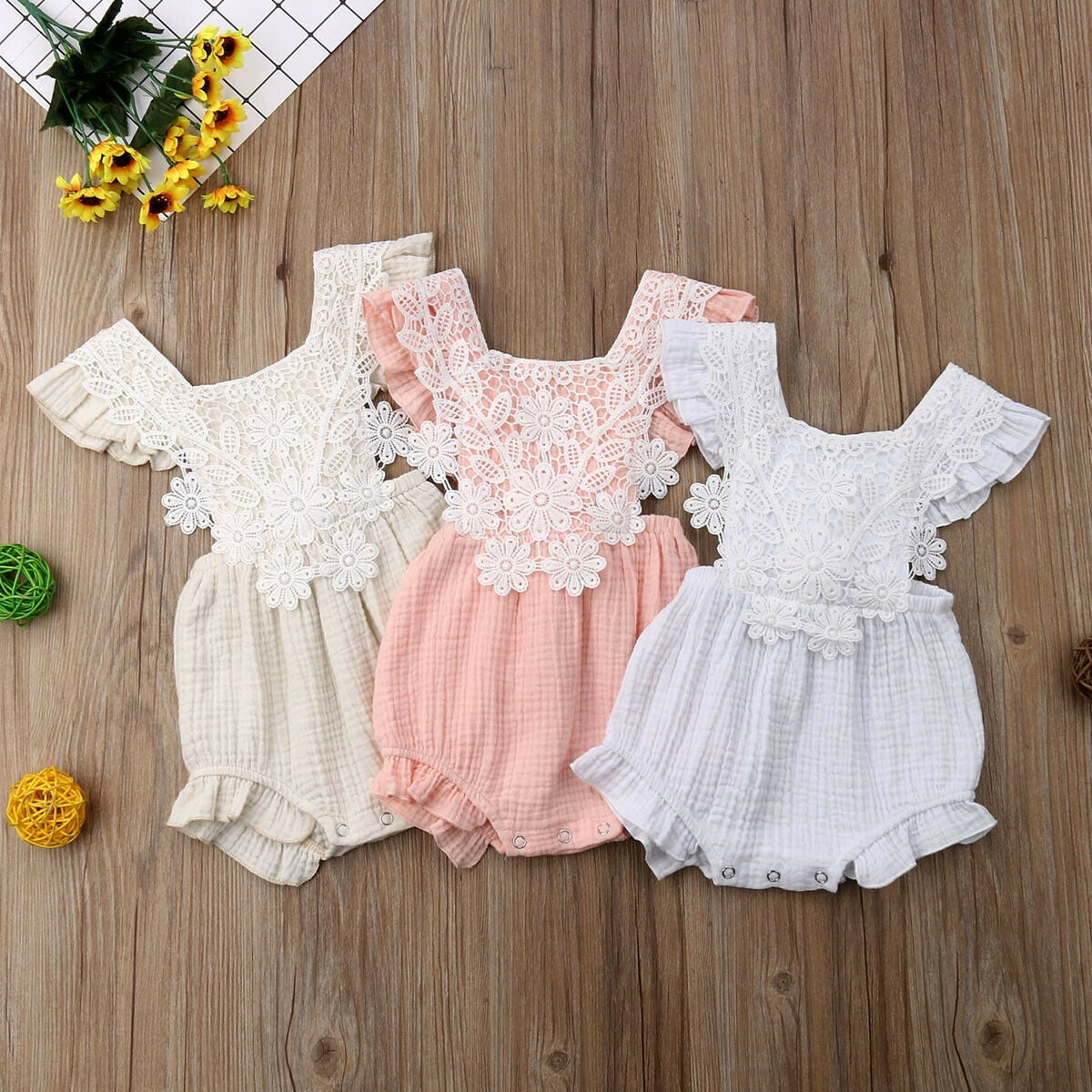 Newborn Infant Baby Girl Boy Solide Lace Bow Romper Bodysuit Clothes Outfits 