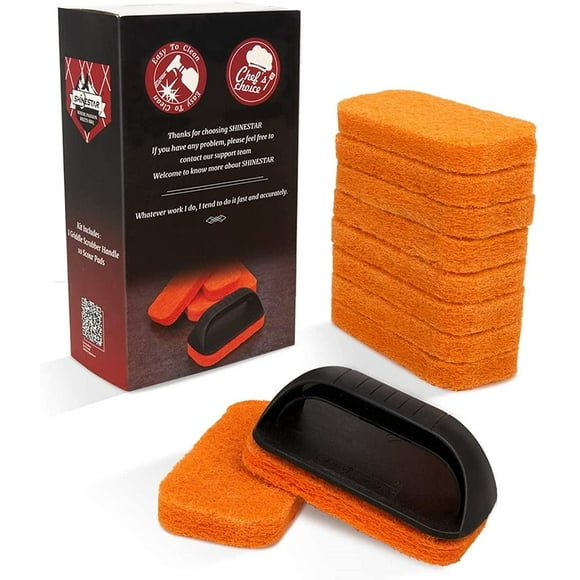 SHINESTAR 11-Piece Griddle Scouring Pad for Blackstone, Flat Top Grill Cleaner for Kitchen, Griddle Cleaning Kit with 10 Grill Scrubber Pads & 1 Handle, Efficient Cleaning & Not Easily Fall Off