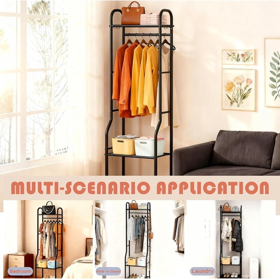 Narrow Clothing Rack with 3 Tier Metal Shelves, 71.9 Inch Tall Garment Rack with 8 Hooks, Freestanding Closet Organizer with Adjustable Leveling Feet for Small Space, Bedroom (Black)