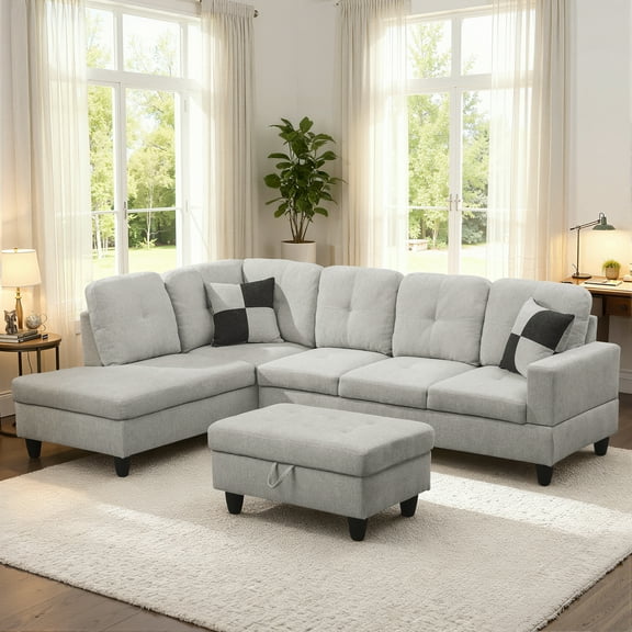 MAYEERTY 103.5" Modern Flannel 3-Piece Couch Living Room Sofa Set，Light Gray