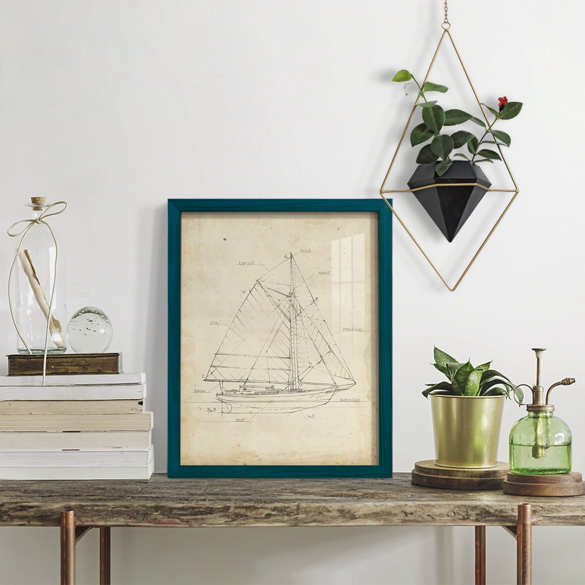 Sailboat Blueprint III -Framed Print w/glass-Ocean Blue