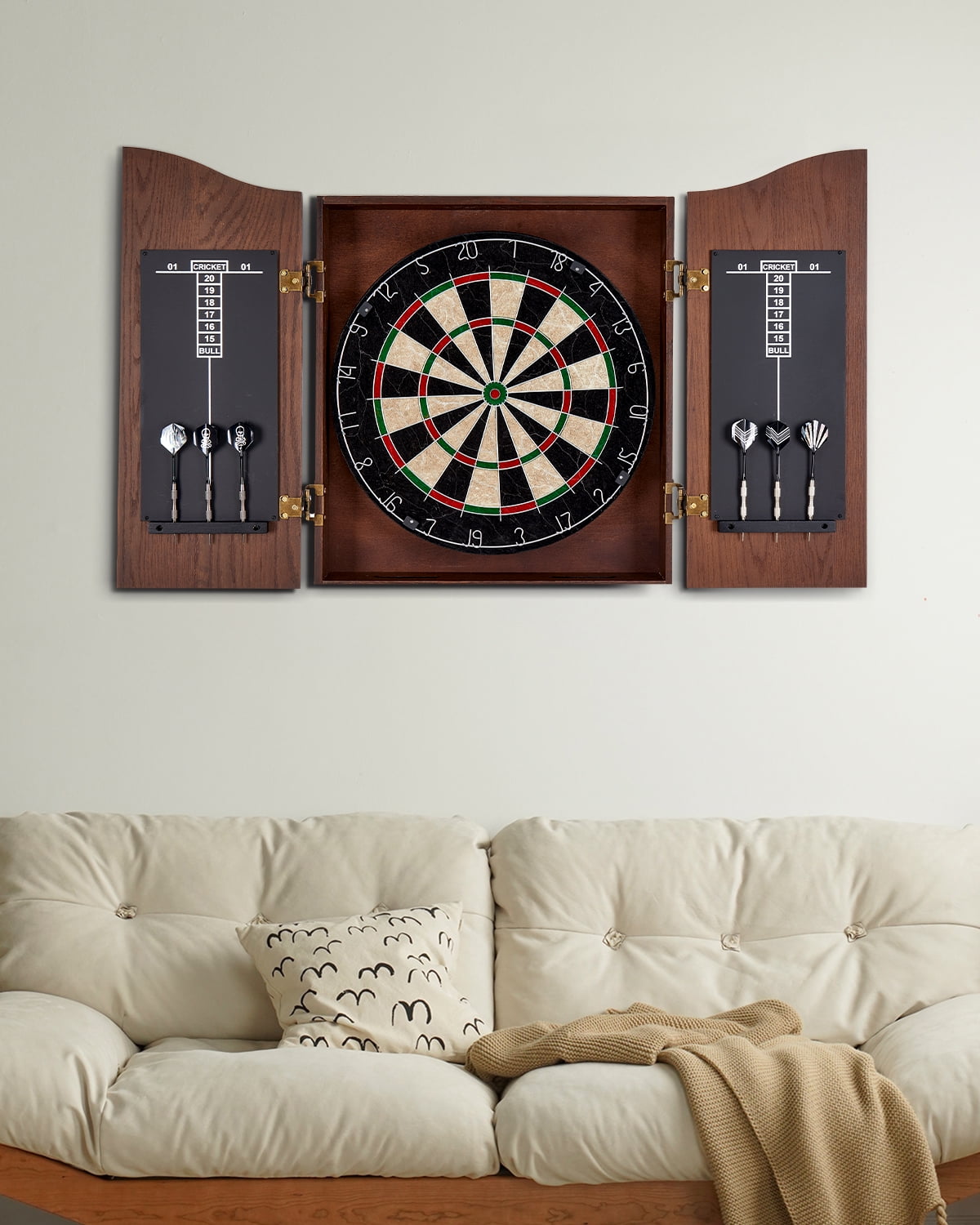 Yirinatek Sisal Dart Board Cabinet Sets, Decorative Dart Boards for Adults [12*Steel Darts] - Wooden Dartboard Cabinet with Integrated Scoreboard for Family Game Rooms [Coffee]