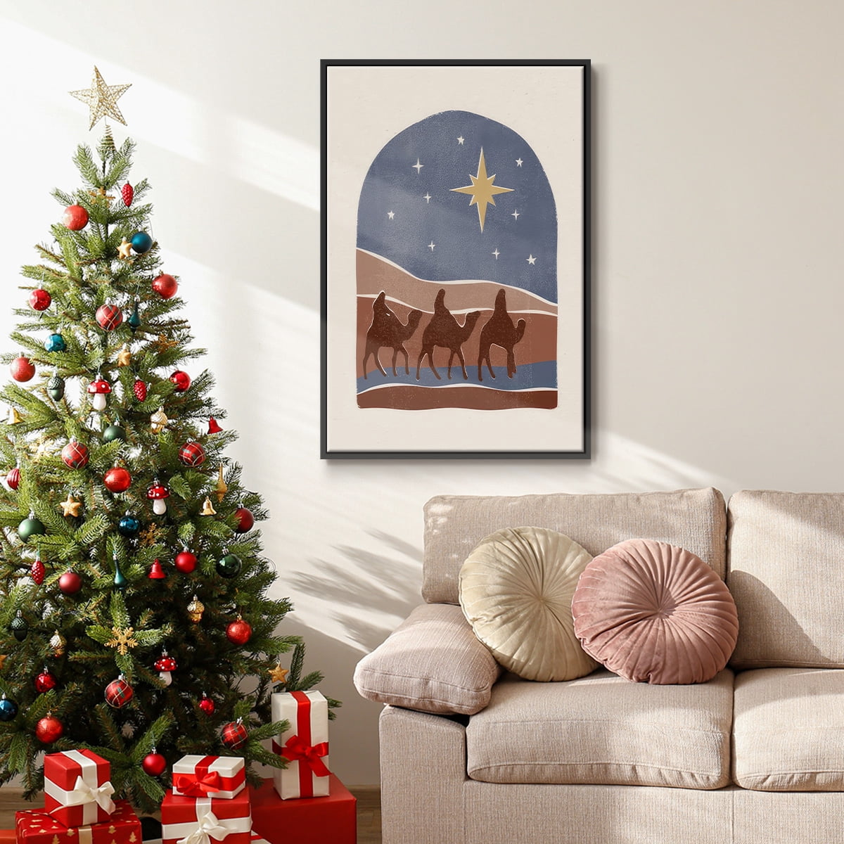 Boho Nativity II - Framed Gallery Wrapped Holiday Canvas - 27 x 41 - Black Frame