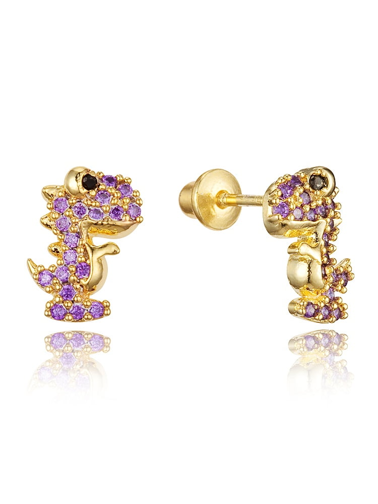 14k Gold Plated Brass Dinosaur Cubic Zirconia Screwback Girls Earrings with Sterling Silver Post