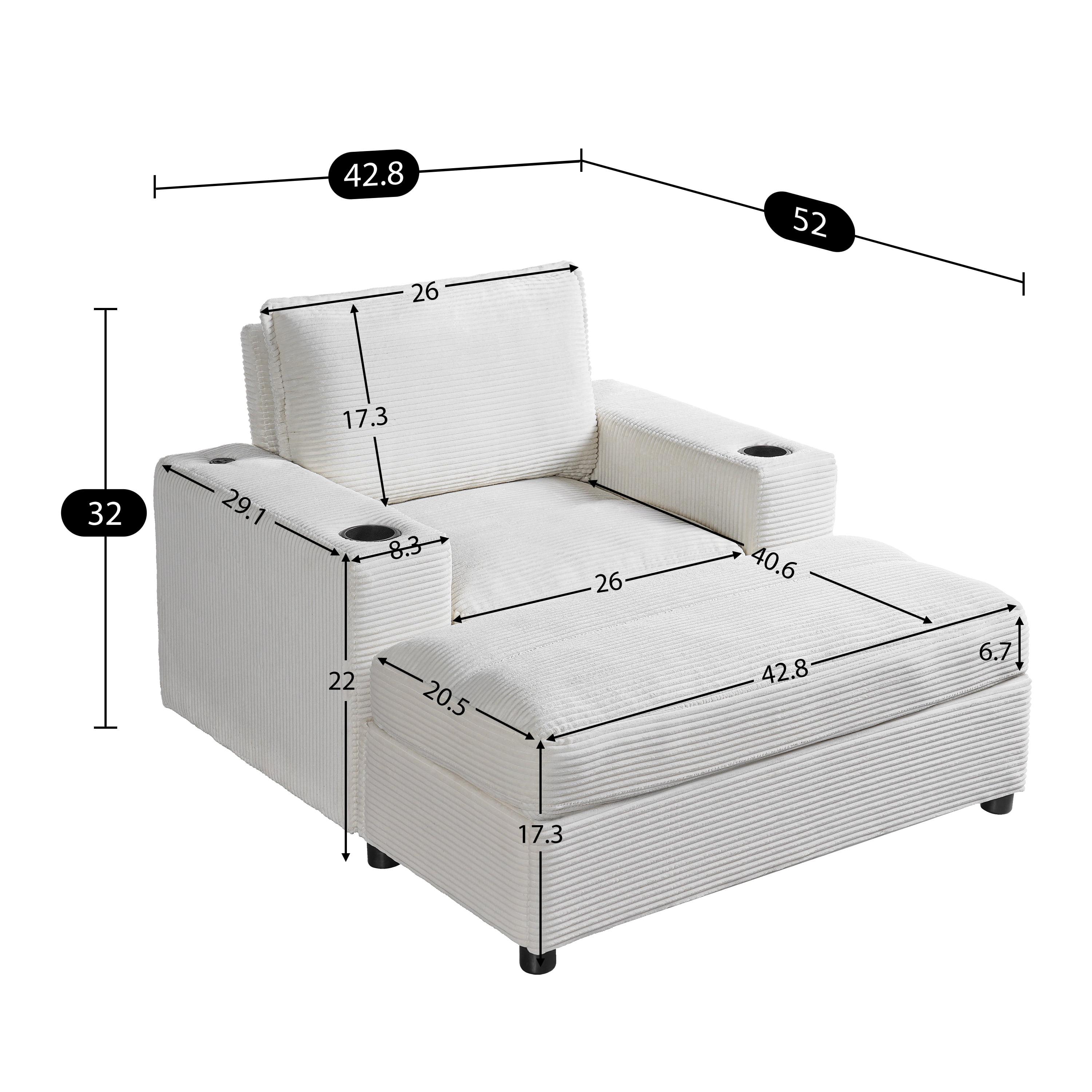 avobird 42.8" Chaise Lounge Chair with Storage Ottoman, Corduroy Sofa Bed with Cup Holders & USB Charging Port, Upholstered Sleeper Chair for Living Room, Beige