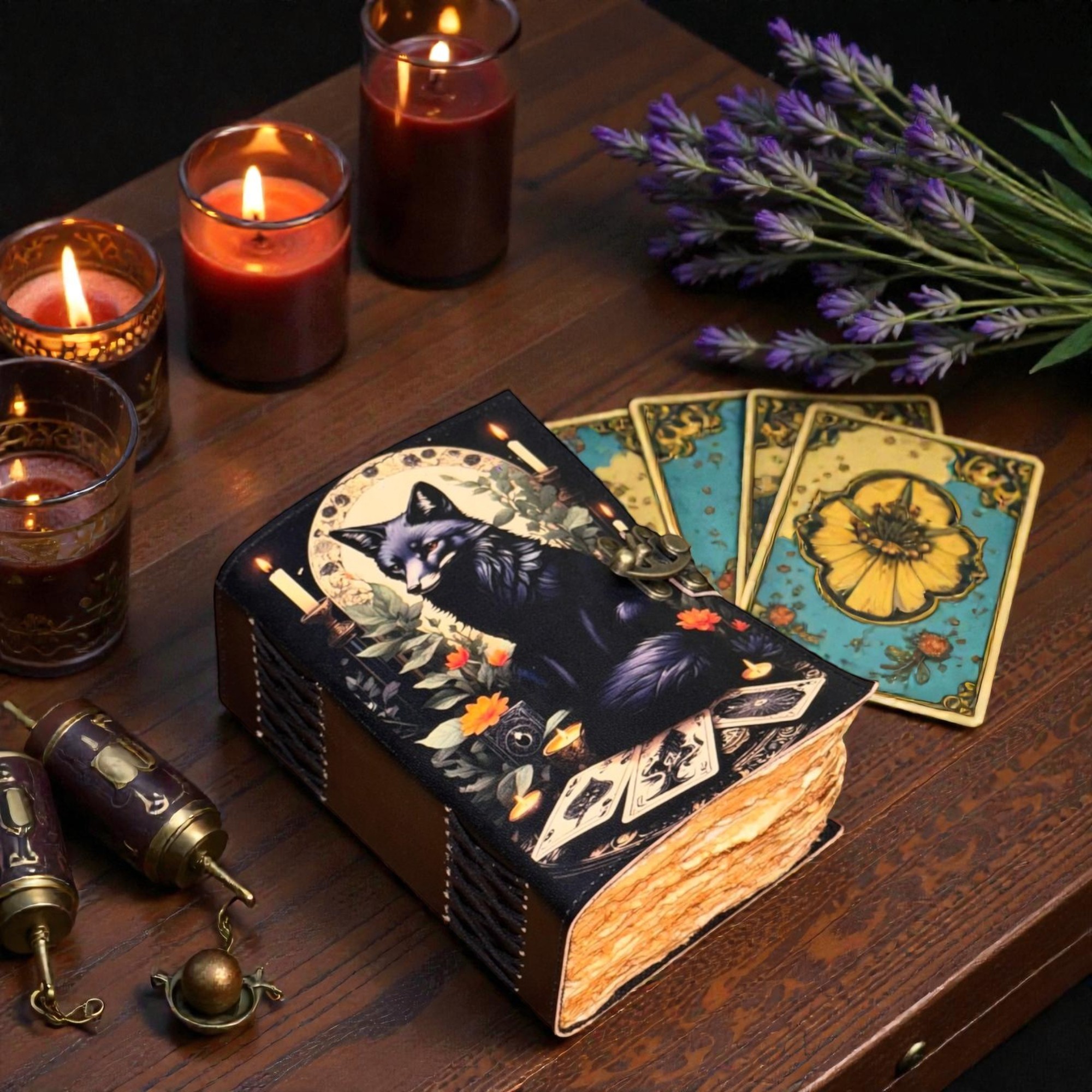 Handmade Leather Journal 5x7 Inch with Black Fox Design – 200 Pages Deckle Edge Paper, Vintage Lock, Art Sketchbook, Writing Notebook Gift for Women & Men