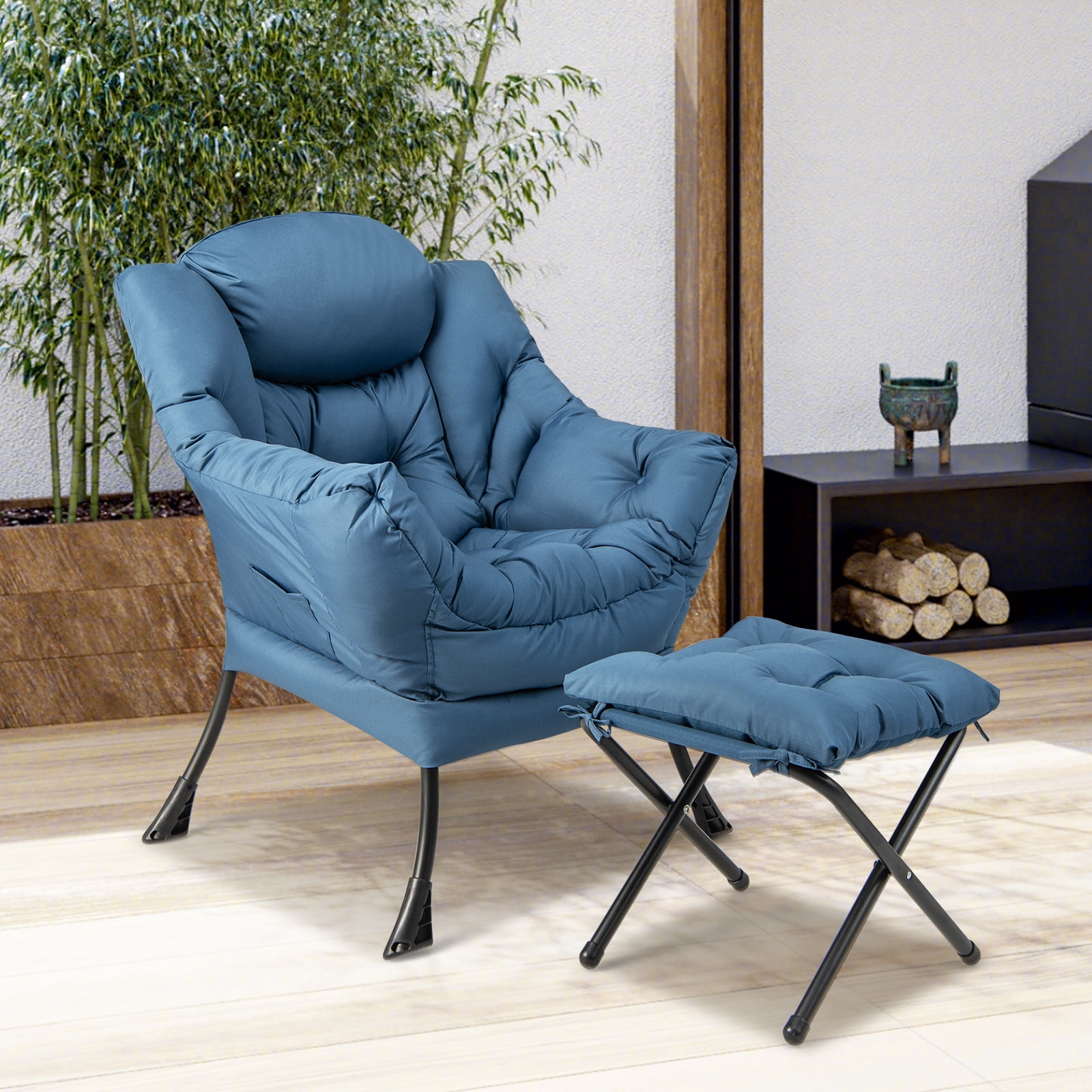 Topbuy Lazy Chair with Ottoman Modern Leisure Reading Chair with Pillow Armrests Side Pocket Footrest Blue