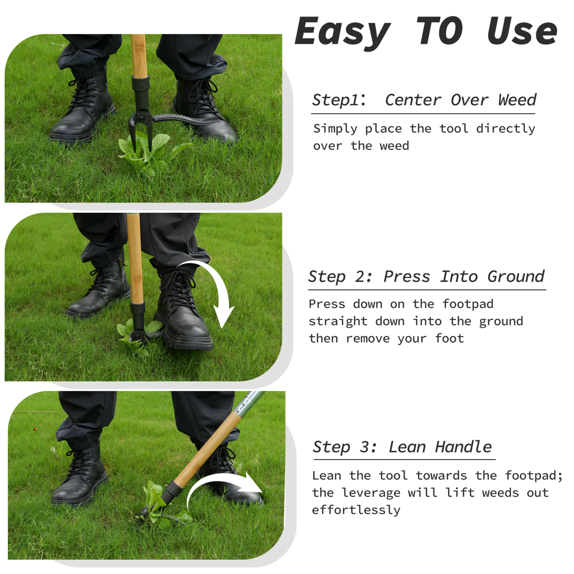 Ashfield & Harkness: Stand Up Weed Puller Tool - 44" Long, Bamboo Handle, 4-Claw Steel Head Root Remover, Step-In Foot Pedal, Lawn & Garden Accessory