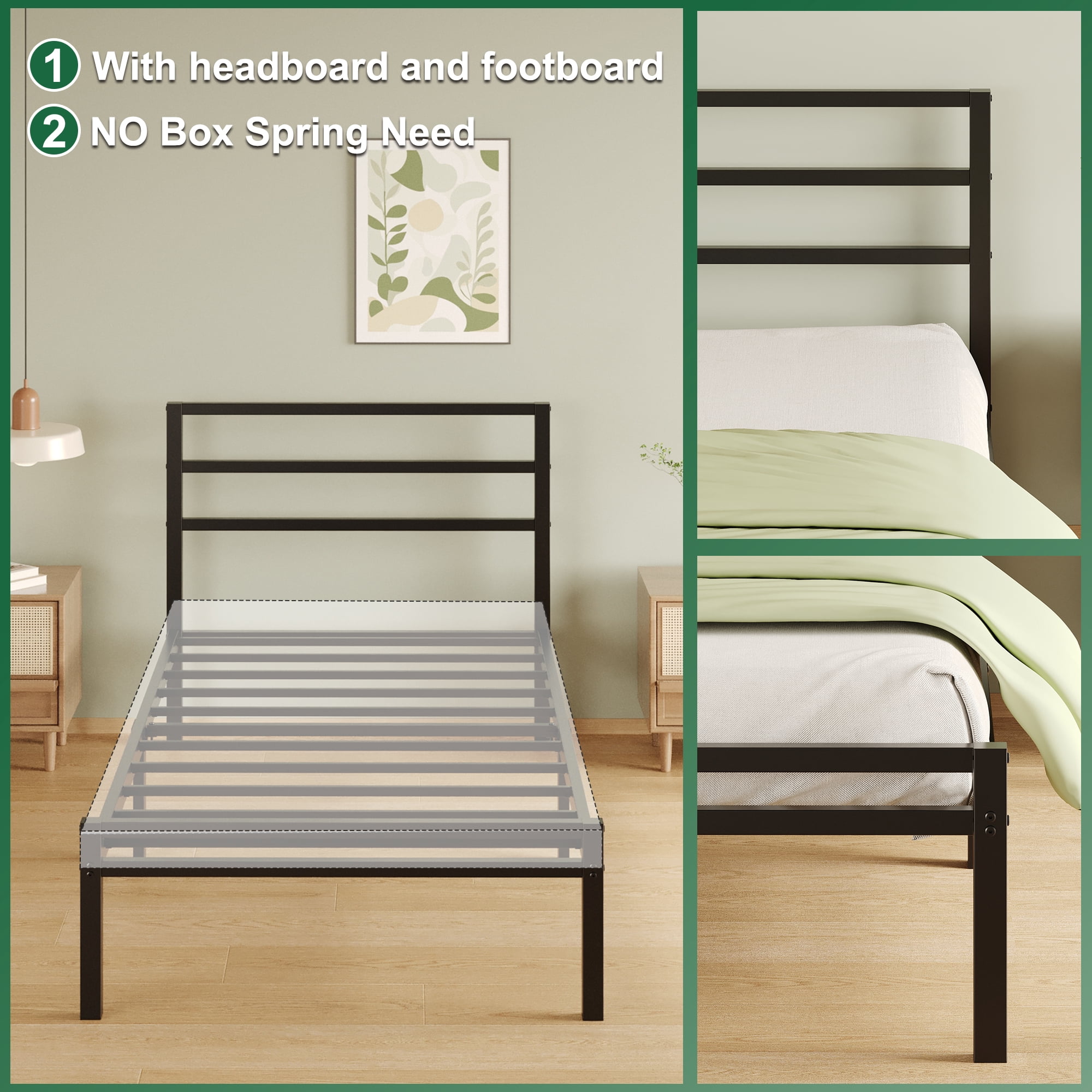 Napcenter 12 inch Twin Bed Frame with Headboard and Footboard, Metal Platform No Box Spring Needed, Easy Assembly, Black