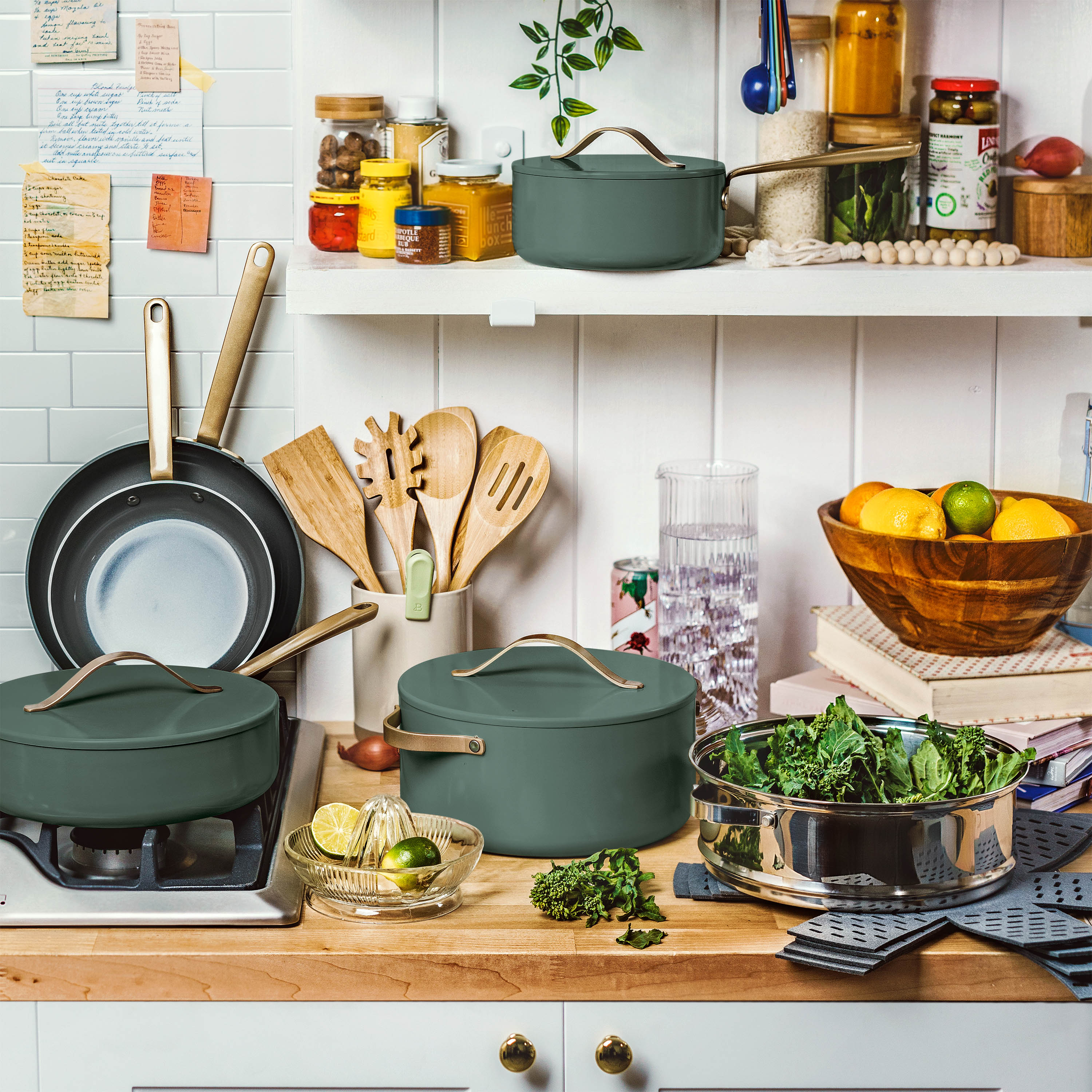 Beautiful 20pc Ceramic Non-Stick Cookware Set, Thyme Green by Drew Barrymore