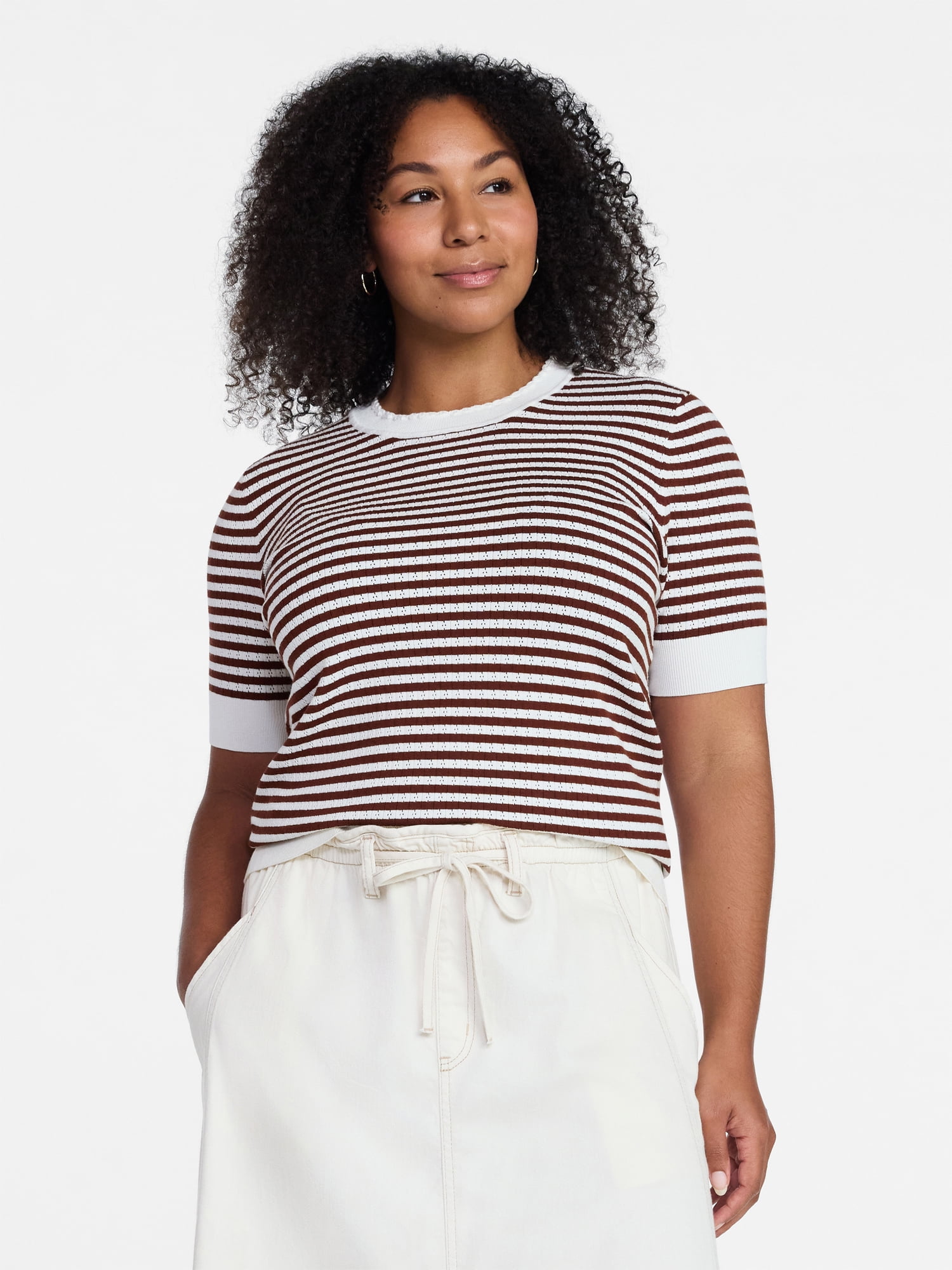 Time and Tru Women's Stripe Pointelle Rib Sweater with Short Sleeves, Lightweight, Sizes XS-XXXL