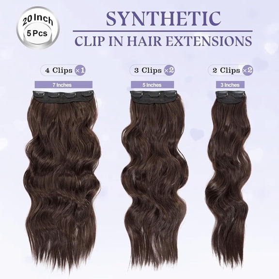 WEIF-Long Wavy Synthetic Clip in Hair Extension 5PCS 20 Inch Chocolate Brown Thick Hairpieces Soft Hair Extensions Clip Ins Hair Extensions for Women
