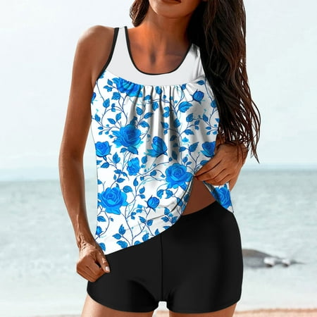 Maqroz Women s Tankini Suits 2025 Tummy Control Swimsuit Two Piece Graphic Bathing Suit Tank Top with High Waisted Boyshorts Plus Size Swimsuit for Women Womens Swimwear On Clearance