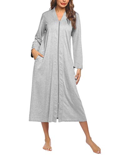 Ekouaer Zip Front Robe Zipper Housecoat Loungewear Long Nightgowns with Pockets for Women 