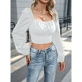 thumbnail image 4 of Women'S Ruched Wrap Square Neck Flounce Long Sleeve Crop Top Blouse White M, 4 of 9