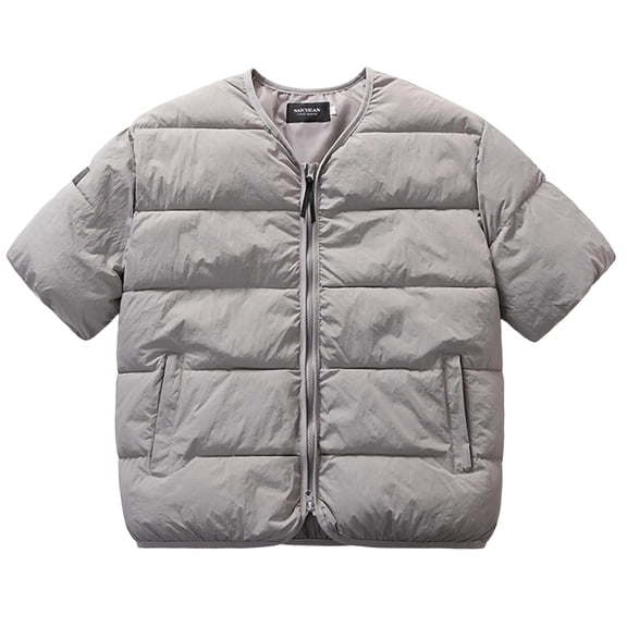 QSAWXQZ Men's Short Sleeve Quilted Down Jacket Solid Crewneck Zip Up Cardigan Puffer Coat with Pockets Gray L