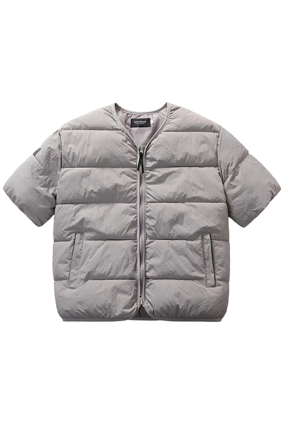 Men's Short Sleeve Quilted Down Jacket Solid Crewneck Zip Up Cardigan Puffer Coat with Pockets Gray L