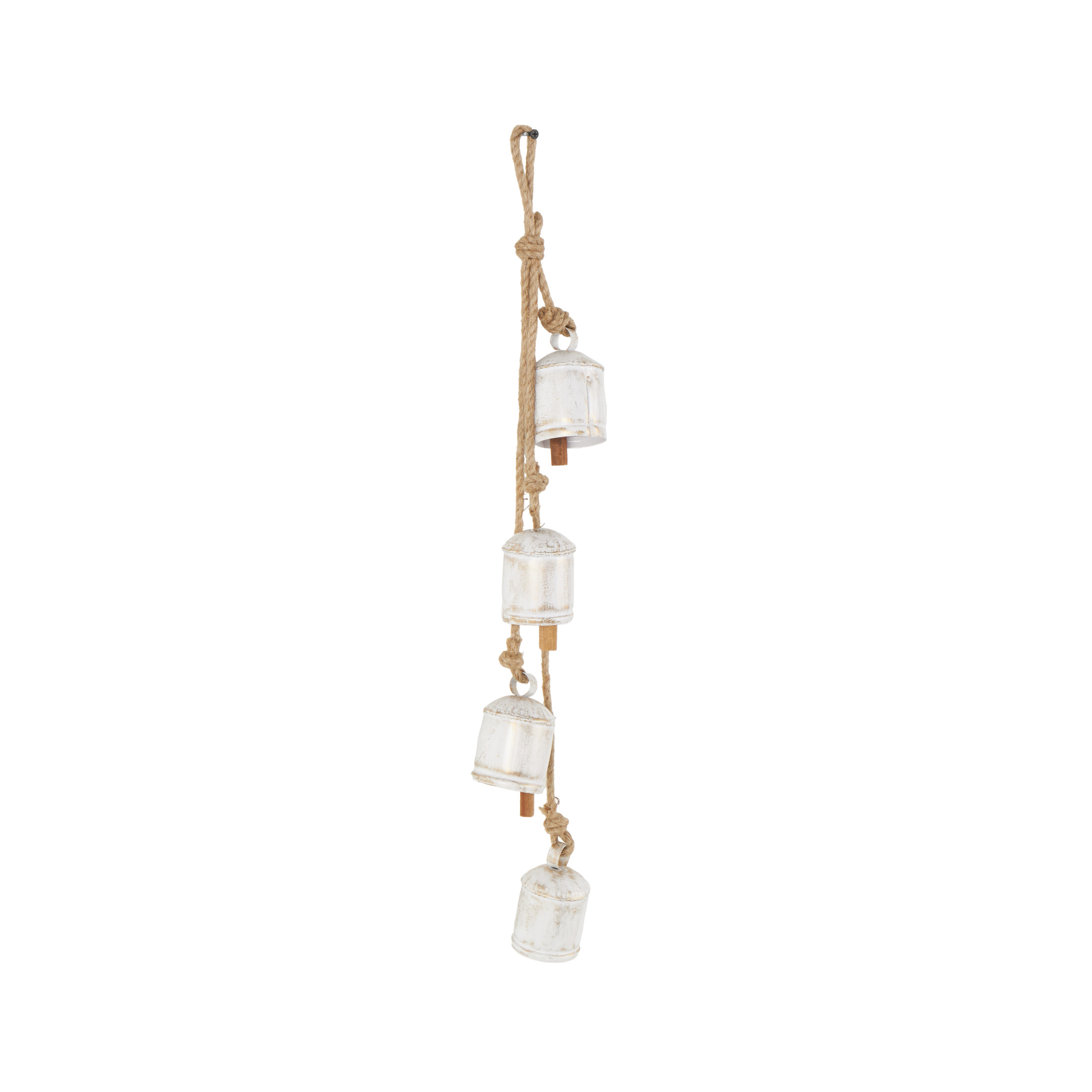 DecMode Tibetan Inspired Cascading White Metal Cylindrical Decorative Bells with 4 Bells on Jute Hanging Rope