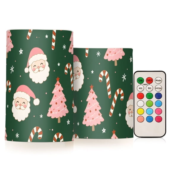 Pink Christmas Santa Tree Flameless Candles Flickering with Remote and Timer Battery Operated LED Pillar Candle Set of 2