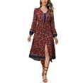 thumbnail image 1 of Vestido midi de verano con cuello en V, mangas largas, cintura elástica y corte A de flores chic para mujer en marrón, 1 of 5